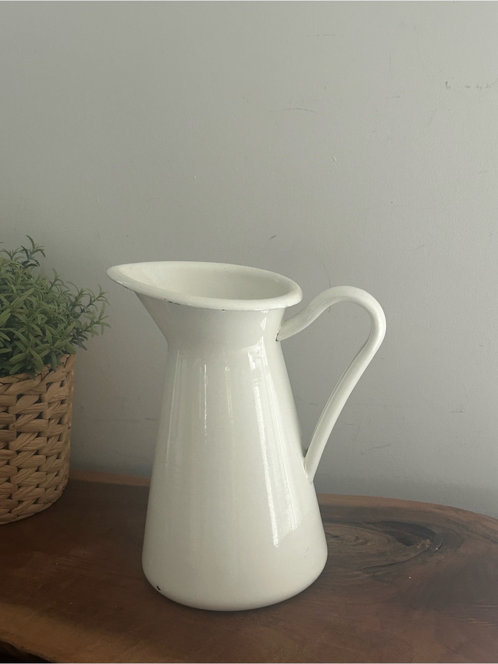 White Enamelware Pitcher Vase Jug Farmhouse Style